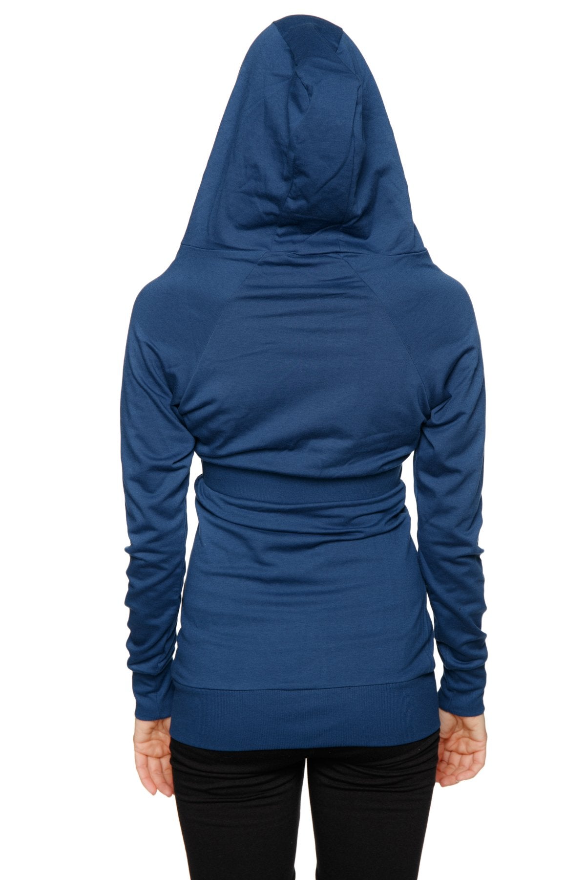 Blue long-sleeved zip-up travel hoodie jacket with fitted silhouette and subtle ruching at the waist