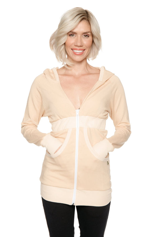 Beige zip-up long body travel hoodie jacket with white zipper and matching ribbed cuffs waistband and hem