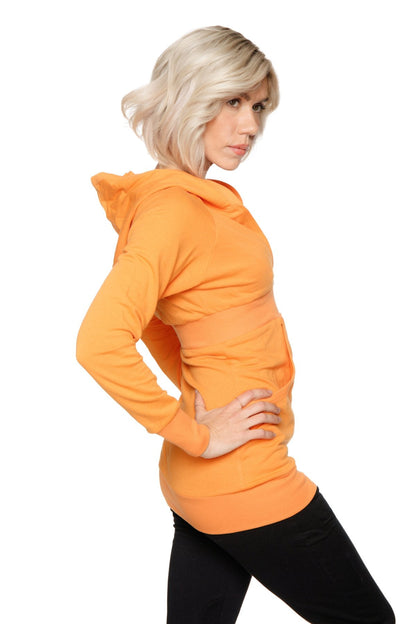 Sun orange zip-up long body travel hoodie jacket with hood long sleeves and front pocket in soft fabric