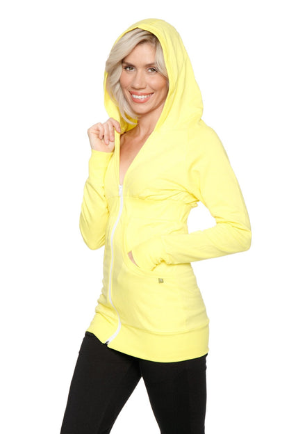 Bright yellow zip-up long body travel hoodie jacket with long sleeves and hood for comfortable layering