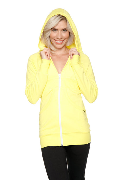 Bright yellow zip-up long body travel hoodie jacket with matching hood and white zipper for comfortable travel