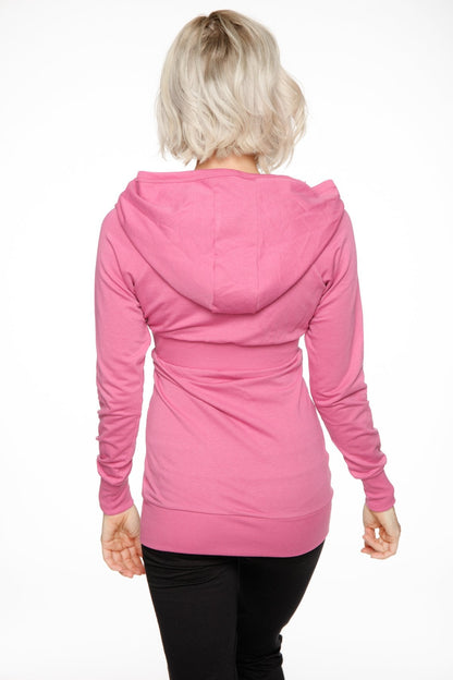 A berry pink zip-up long body travel-ready hoodie with soft fabric ribbed cuffs and a relaxed fit
