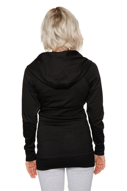 Black zip-up long body travel-ready hoodie with relaxed fit ribbed cuffs and long sleeves
