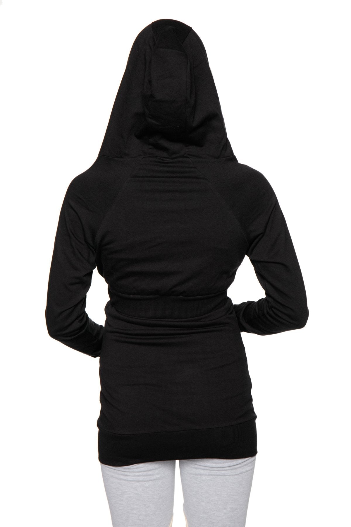 Black zip-up long body travel-ready hoodie with fitted silhouette ribbed cuffs and long sleeves