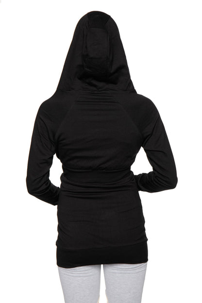 Black zip-up long body travel-ready hoodie with fitted silhouette ribbed cuffs and long sleeves
