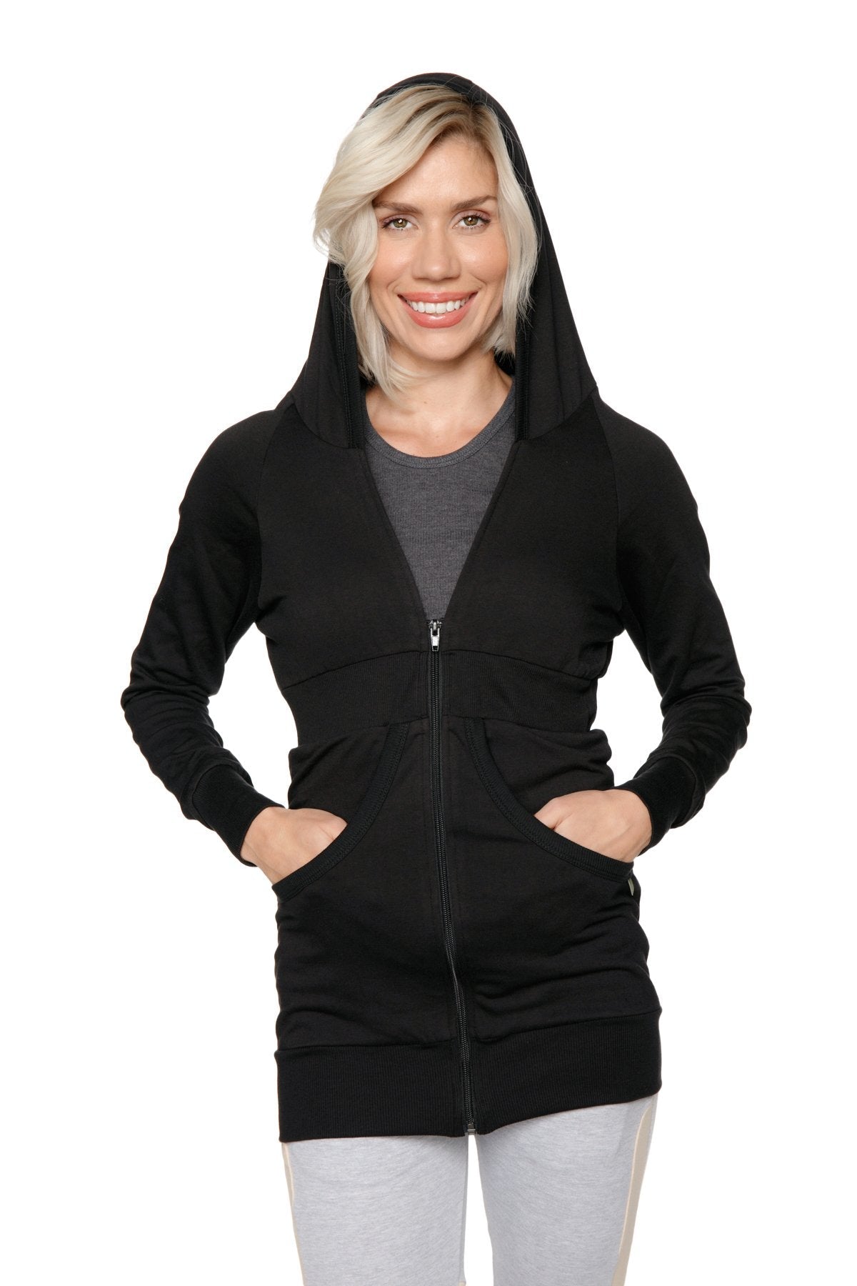 Black zip-up long body travel-ready hoodie with hood long sleeves and two front pockets for versatile wear