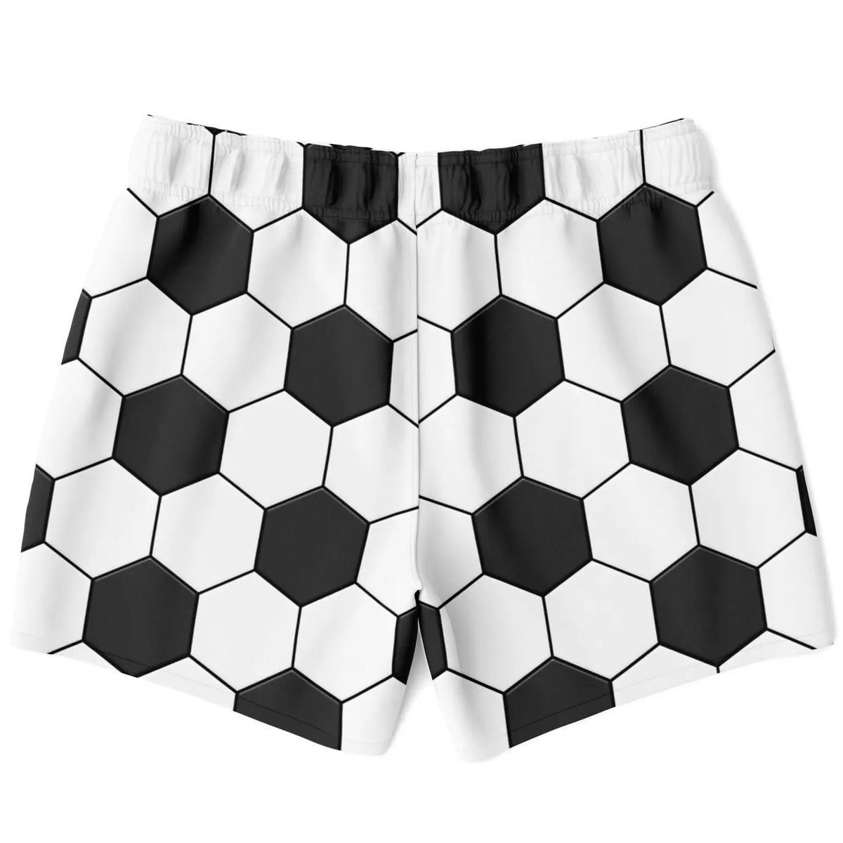 Men's swim shorts by Maris Equi featuring a black and white hexagonal soccer ball pattern elastic waistband and lightweight fabric.