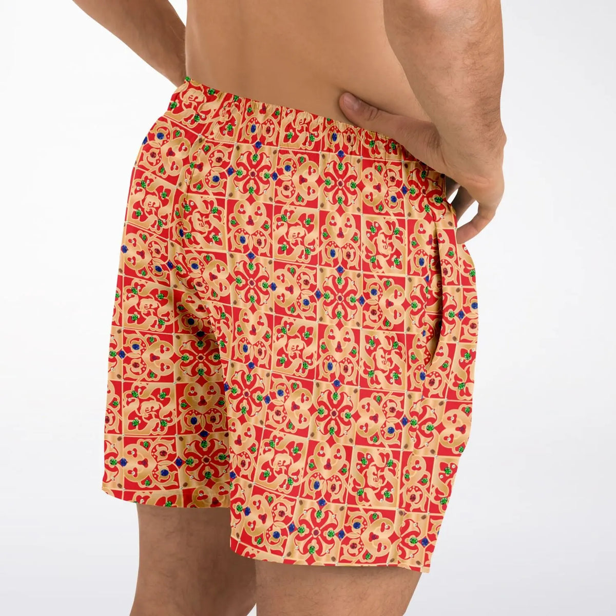 Men's swim shorts by Maris Equi in a colorful geometric pattern featuring an elastic waistband and side pockets.