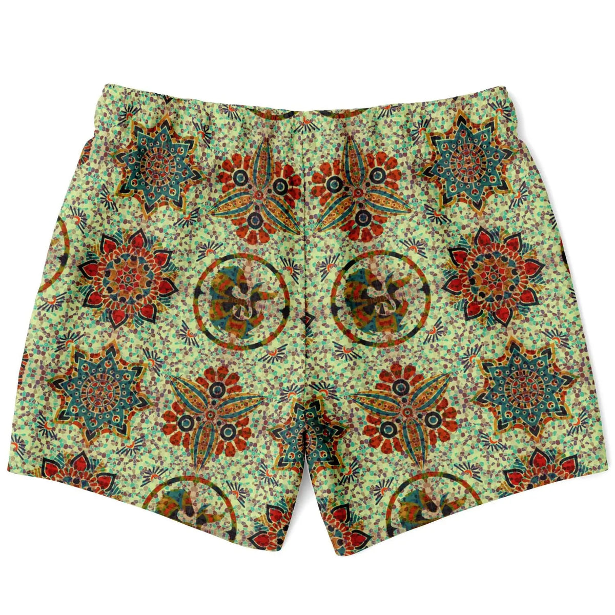 Colorful mosaic-patterned swim shorts by Maris Equi featuring intricate floral and geometric designs on a light green background.