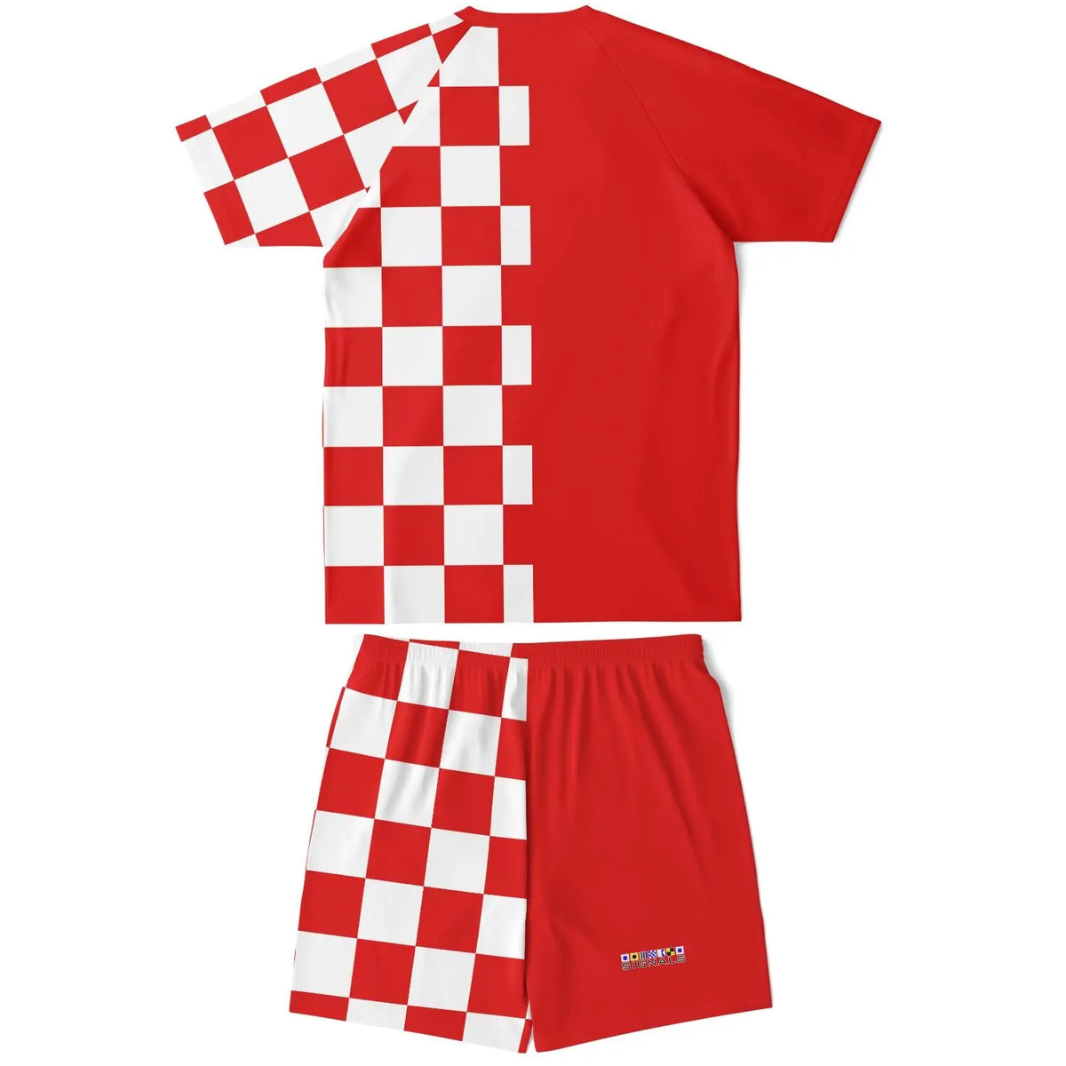 Red and white checkered short-sleeve top and matching shorts set by Maris Equi made from lightweight fabric.