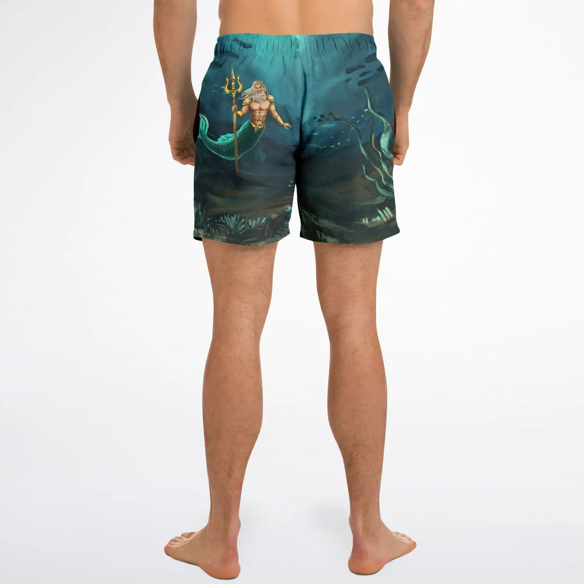 Men's swim shorts by Maris Equi featuring a colorful underwater design with a trident-wielding figure elastic waistband.