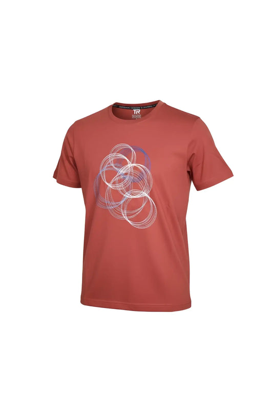 Abstract graphic t-shirt rust-colored short-sleeved with white and light blue translucent overlapping circle design