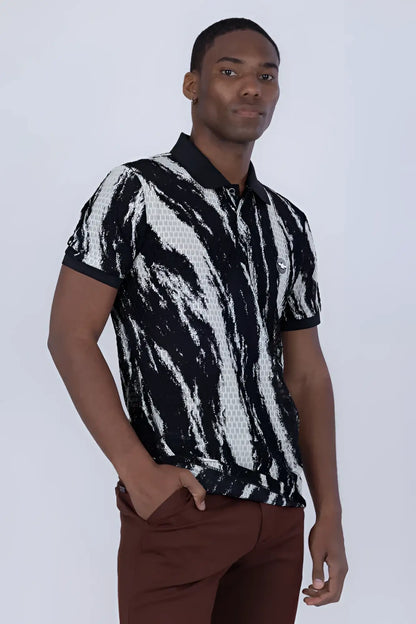 Black and white abstract polo shirt with textured mesh design on the torso for a modern casual look