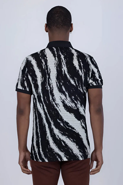 Black and white zebra-striped abstract polo shirt with textured woven pattern for stylish casual wear