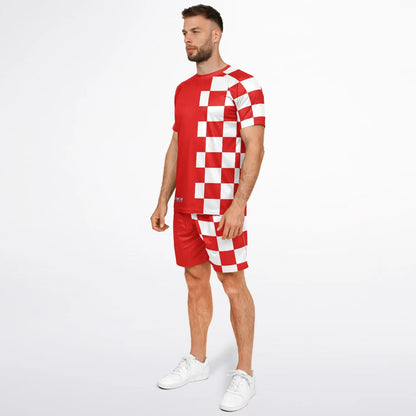 Red and white checkered shorts and matching top set made of lightweight fabric worn by a model by Maris Equi.