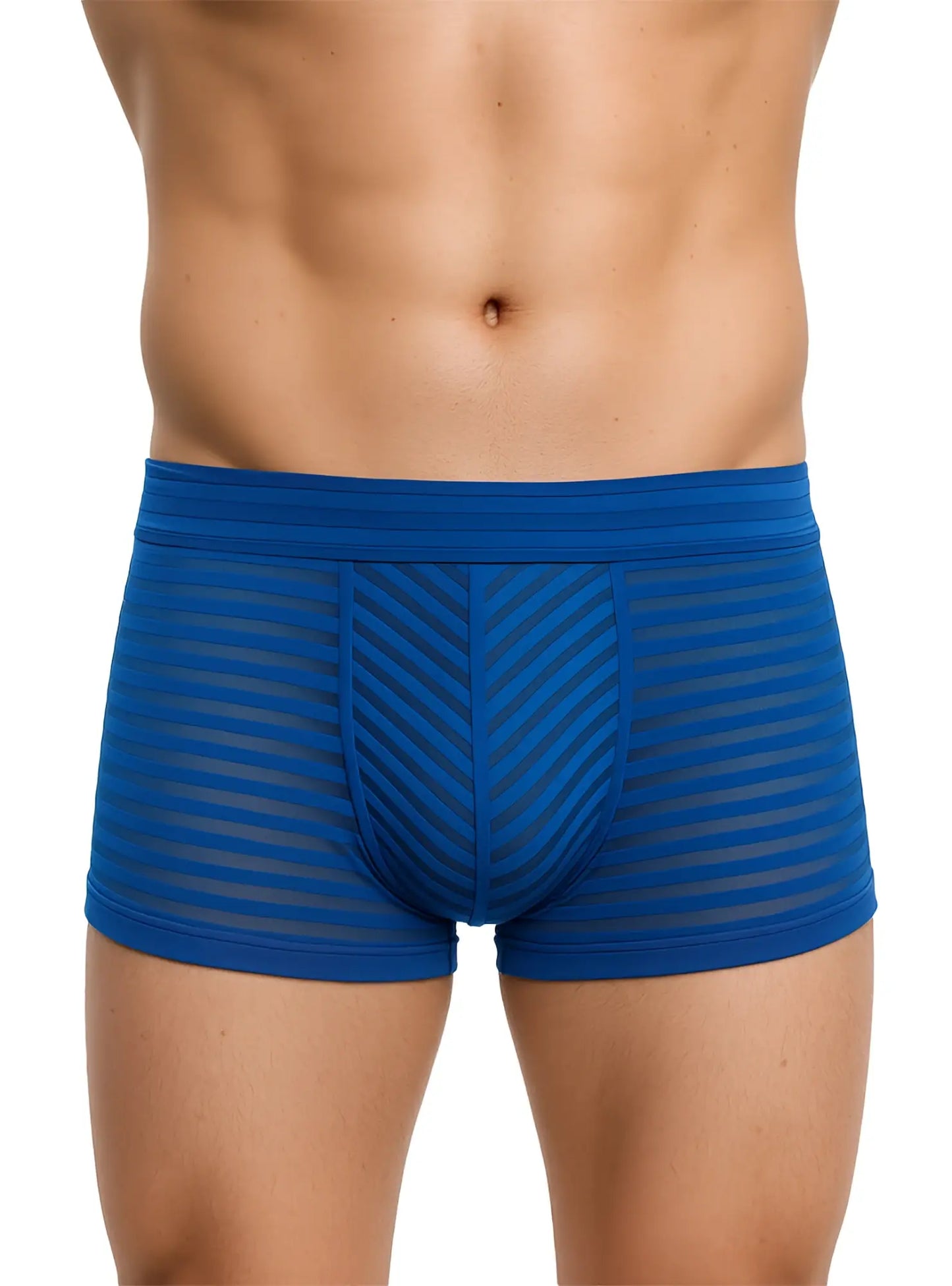 Active stripe nylon trunk men’s blue striped boxer briefs with chevron pattern and sheer mesh fabric front view