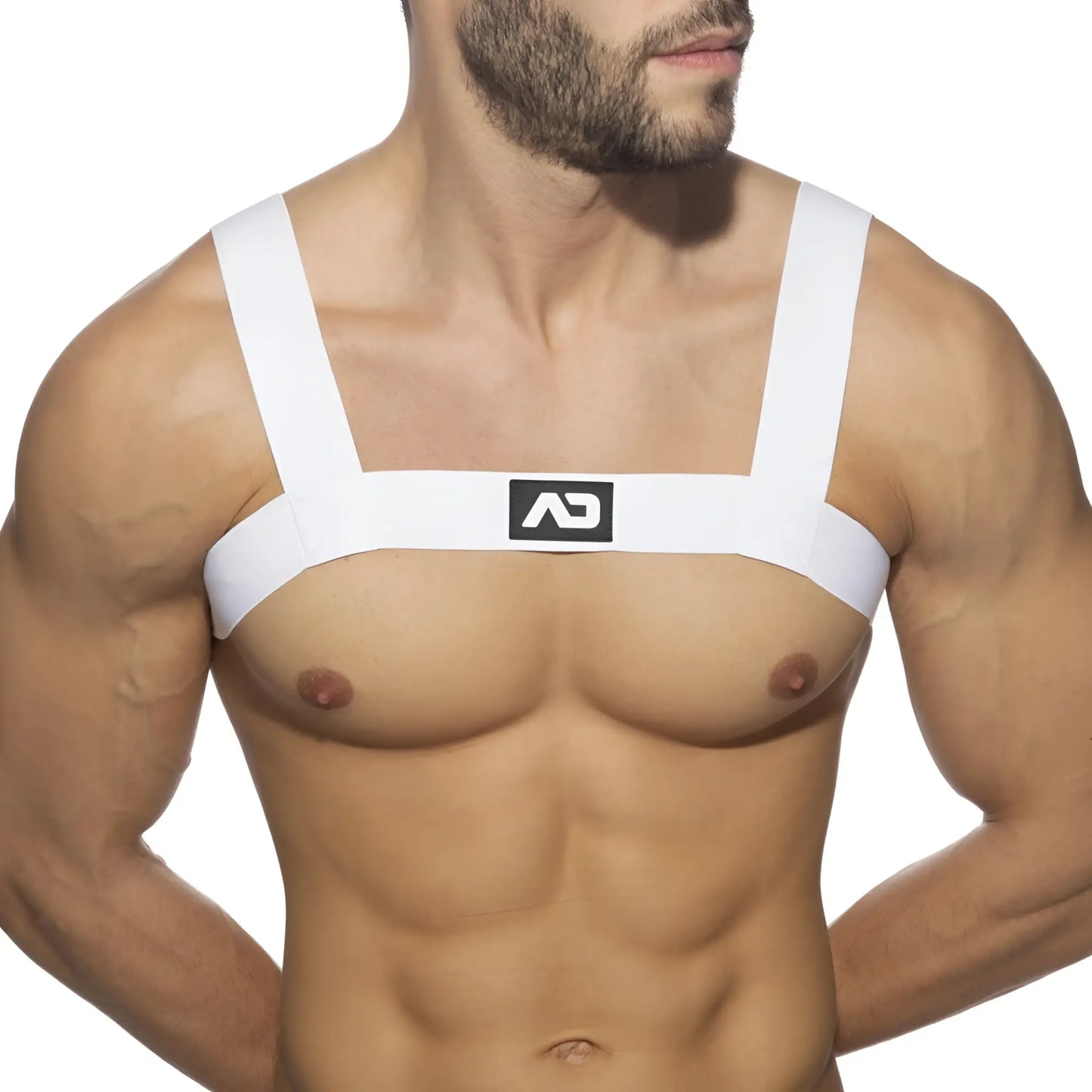 White ad basic harness chest strap with minimalist design and black logo for secure fit