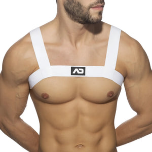 White ad basic harness chest strap with minimalist design and black logo for secure fit