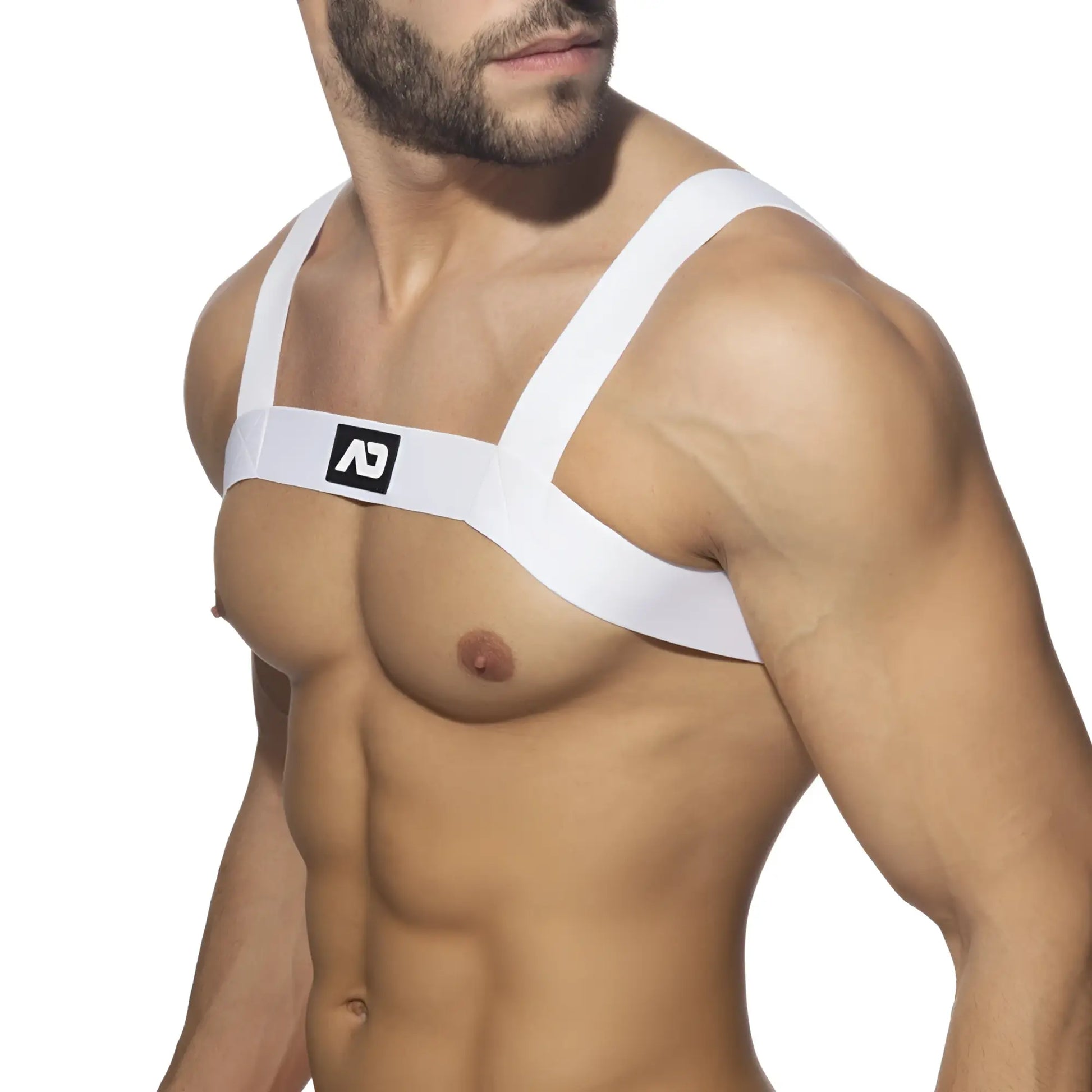 White ad basic harness chest strap with minimalist design black logo breathable material for secure fit
