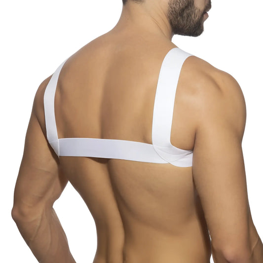 White minimalistic ad basic harness with elastic strap-back design showing back side of garment