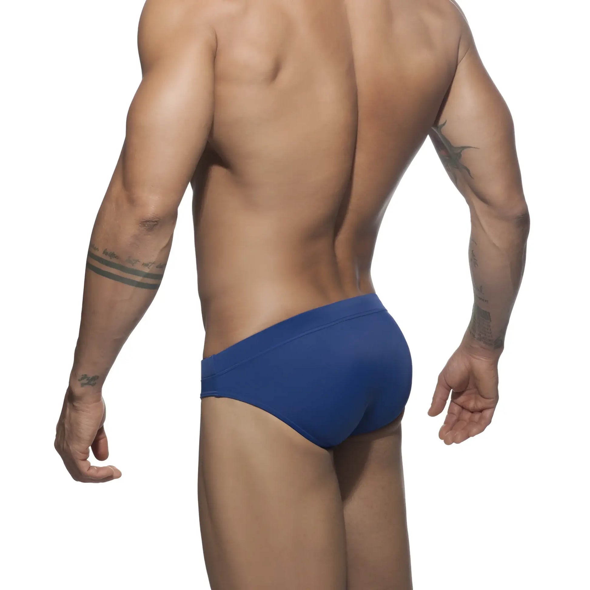 Blue athletic swim brief made of durable material designed for basic swim use shown from the front side