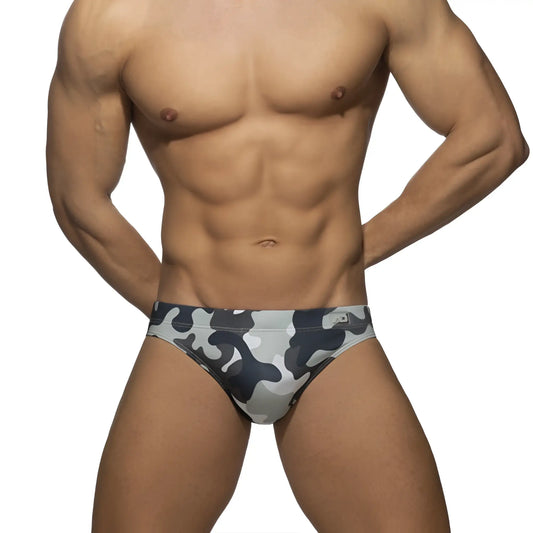 Gray and black camouflage patterned men’s ad basic swim brief designed for comfortable swimming use