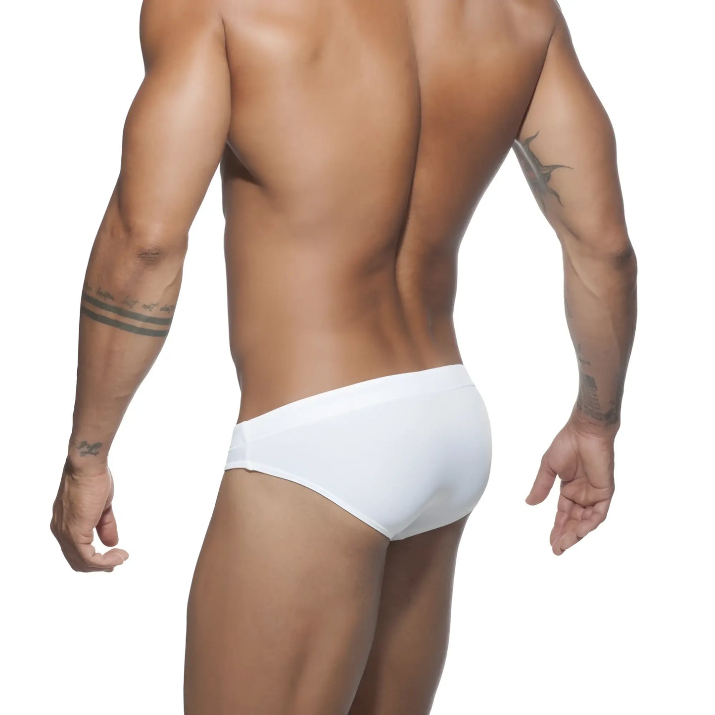 White ad basic swim brief with smooth form-fitting design perfect for comfortable swimwear use