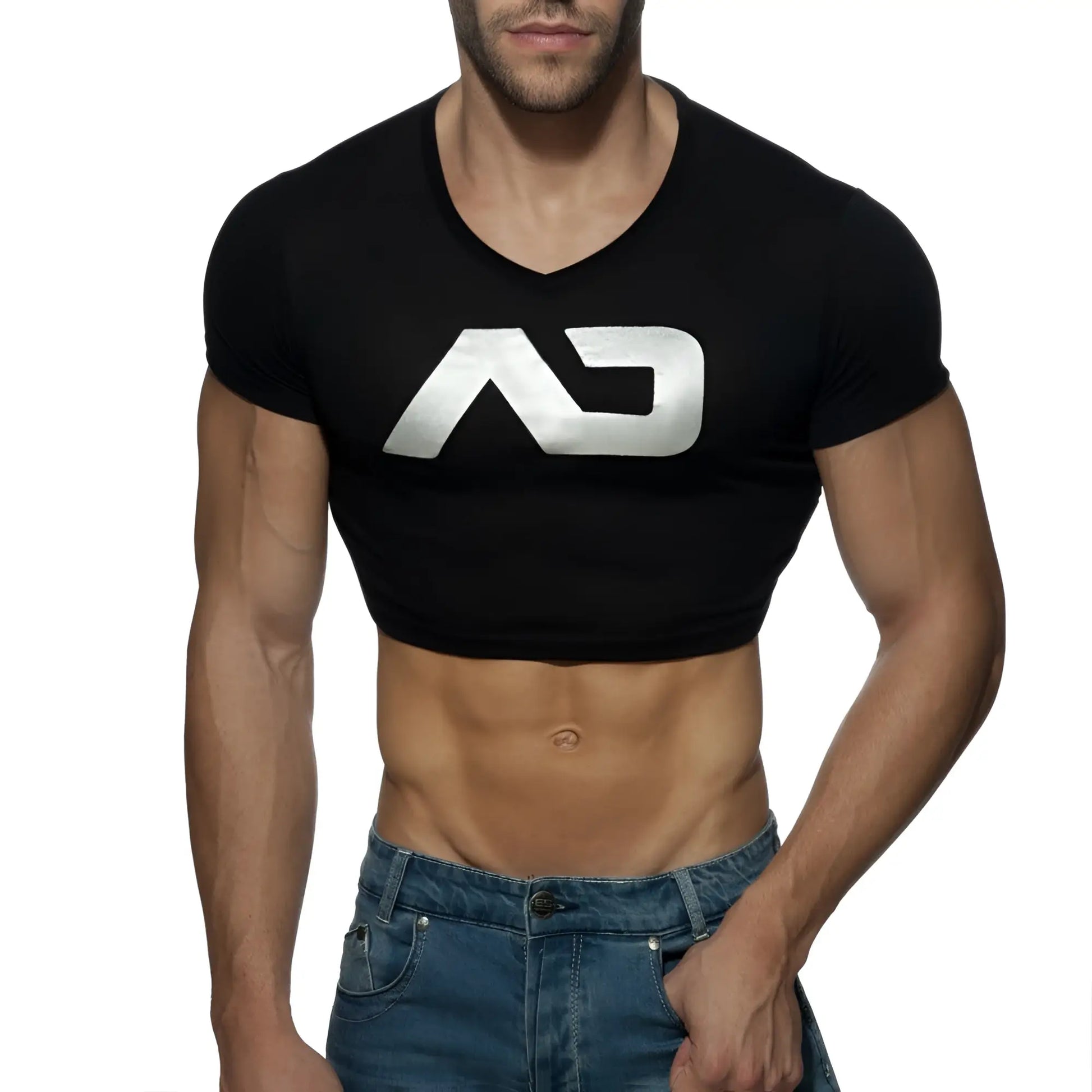 Black cropped v-neck t-shirt with metallic silver ad logo across the chest for casual wear