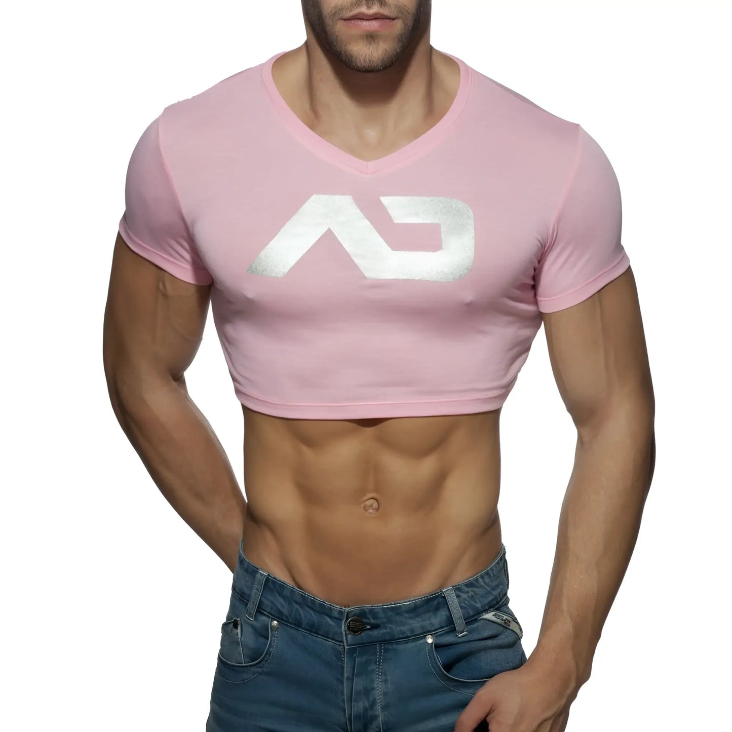 Pink cropped v-neck t-shirt with white metallic logo featuring ad crop top design in soft fabric
