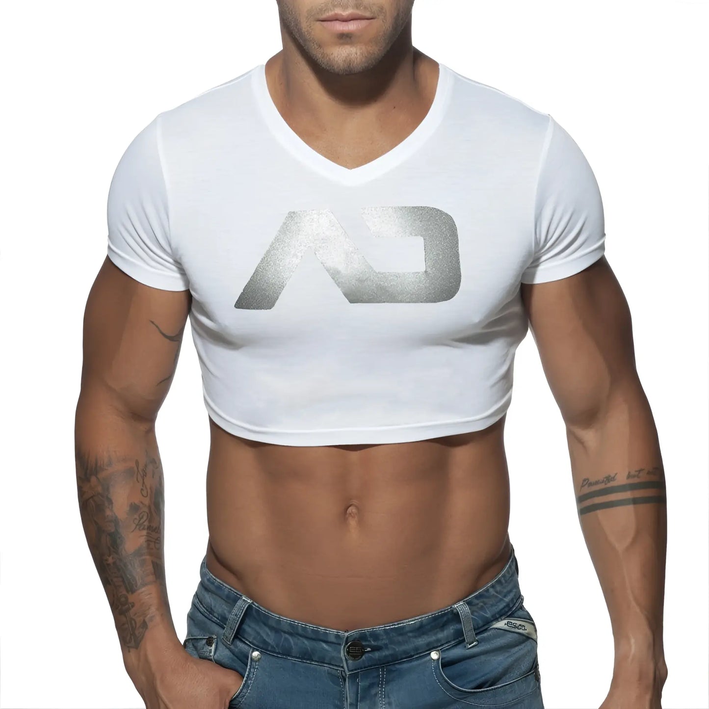 White cropped v-neck t-shirt with metallic silver logo featuring the ad crop top design