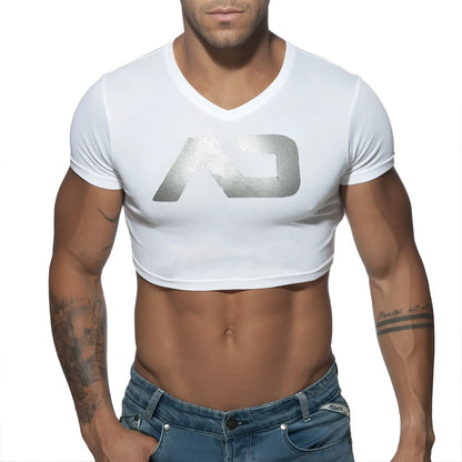 White cropped v-neck t-shirt with metallic silver logo featuring the ad crop top design