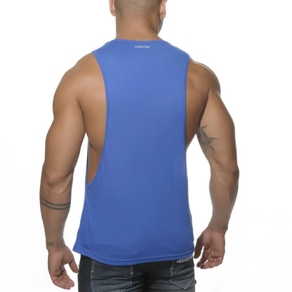 Blue sleeveless athletic tank top with back cutout and addicted branding at neckline for activewear use