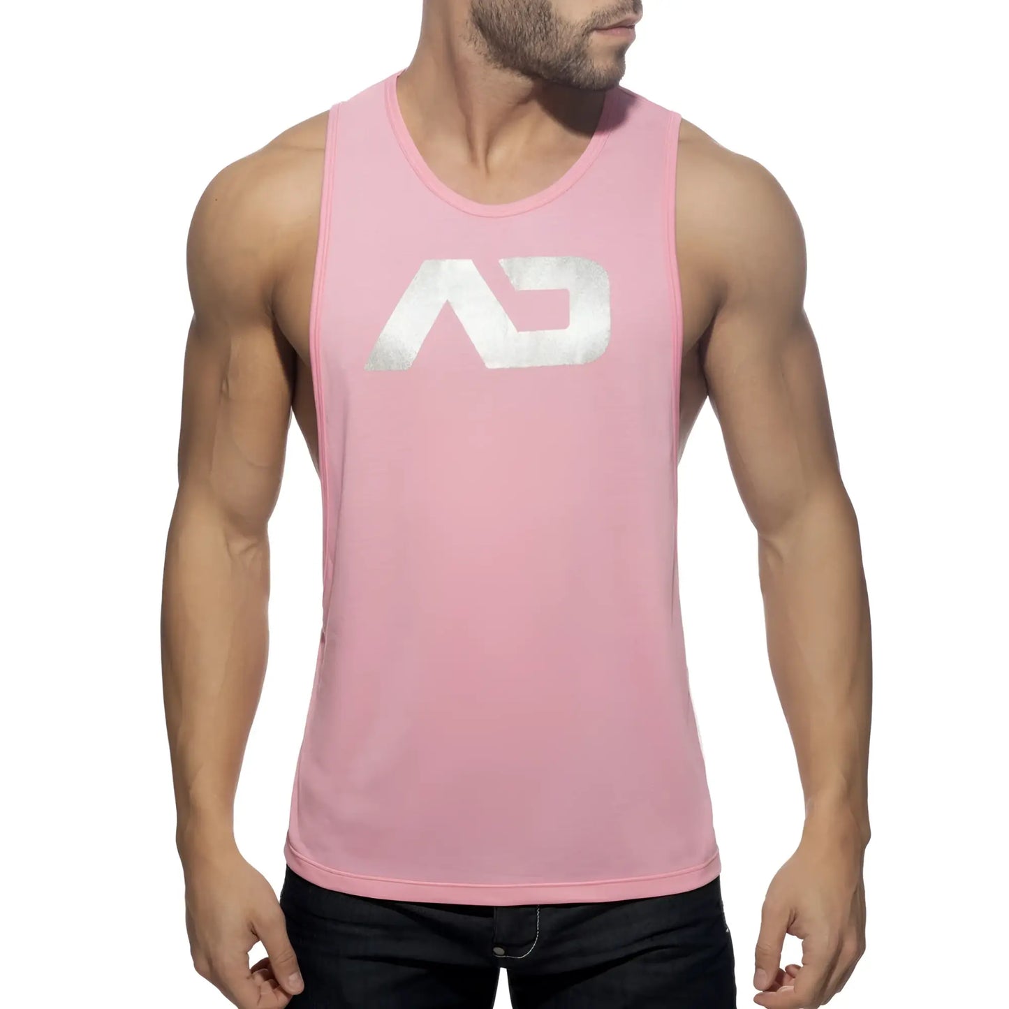 Pink sleeveless tank top featuring a silver metallic ad logo on the chest from ad logo low rider collection