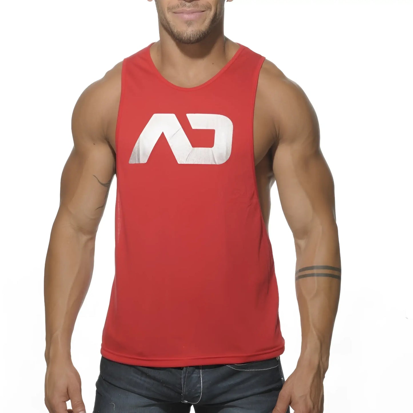Red sleeveless muscle tank top with white distressed ad logo designed for low rider style and active wear