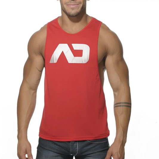 Red sleeveless muscle tank top with white distressed ad logo designed for low rider style and active wear