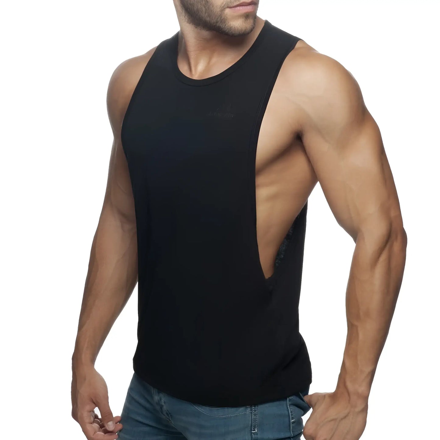 Black sleeveless muscle tank top ad low rider with cutout back design showing the back side of the top