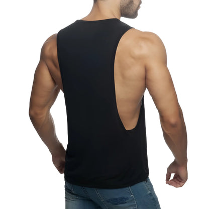 Black sleeveless muscle tank top with cutout back showing design from ad low rider collection