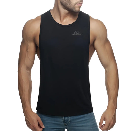 Black sleeveless tank top ad low rider with subtle gray logo on chest made from breathable fabric for casual wear