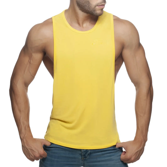 Ad low rider bright yellow sleeveless muscle tank top with round neckline and fitted cut for athletic wear