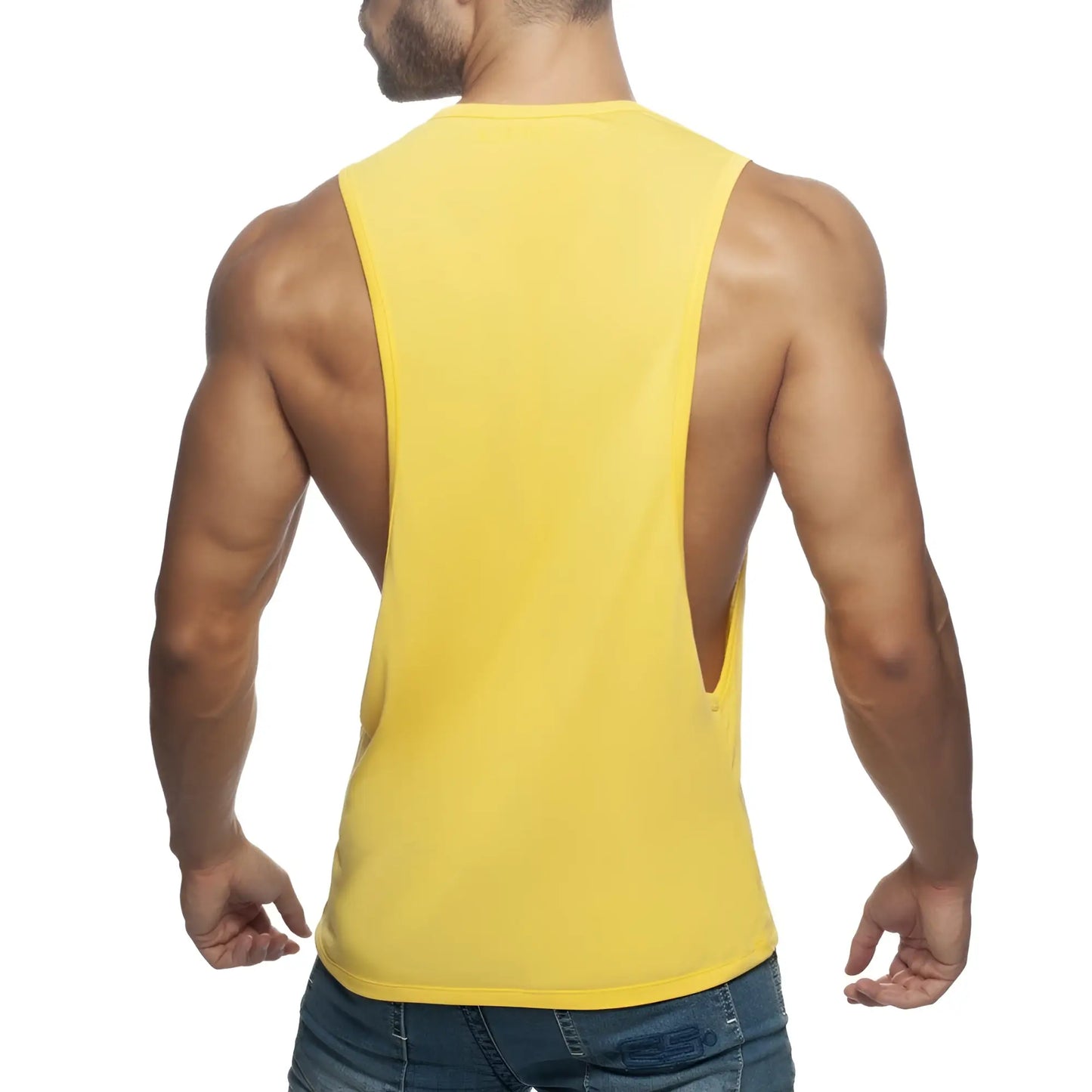 Bright yellow ad low rider sleeveless muscle tank top with cutout back design shown from the back side