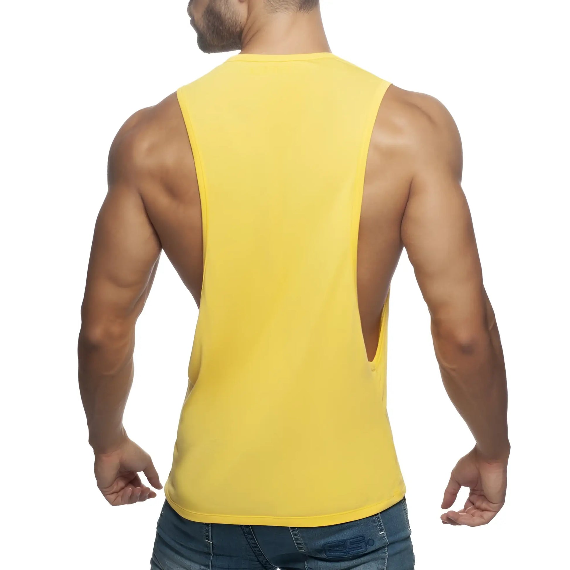 Bright yellow ad low rider sleeveless muscle tank top with cutout back design shown from the back side