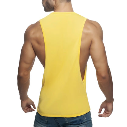 Bright yellow ad low rider sleeveless muscle tank top with cutout back design shown from the back side