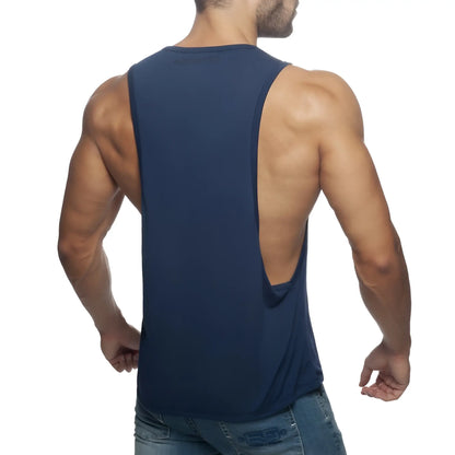 Navy blue sleeveless athletic tank top with low back cutout shown from the back in AD LOW RIDER style