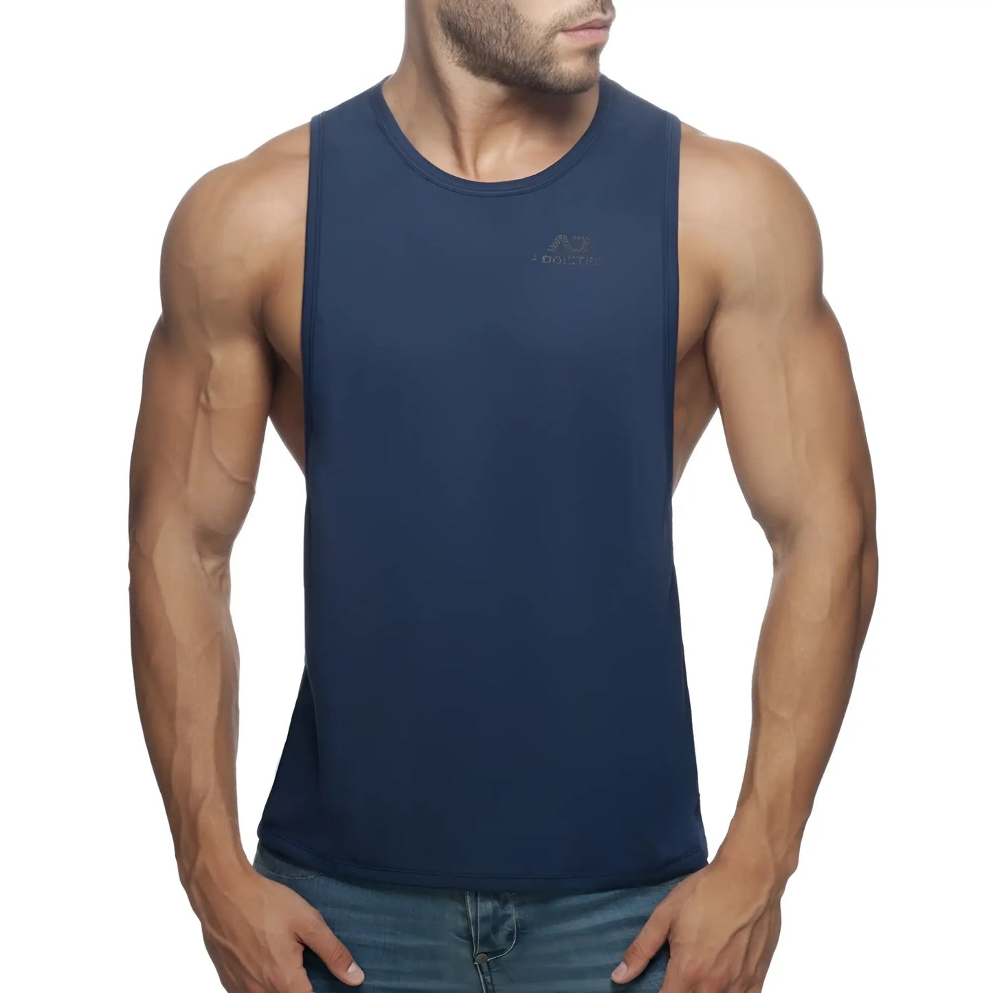 Navy blue sleeveless athletic tank top ad low rider with small chest logo made of breathable performance fabric