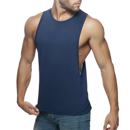 Navy blue sleeveless athletic tank top with subtle logo and open back design shown from the back titled AD Low Rider