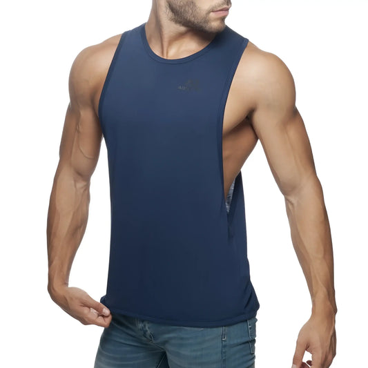 Navy blue sleeveless athletic tank top with subtle logo and open back design shown from the back titled AD Low Rider