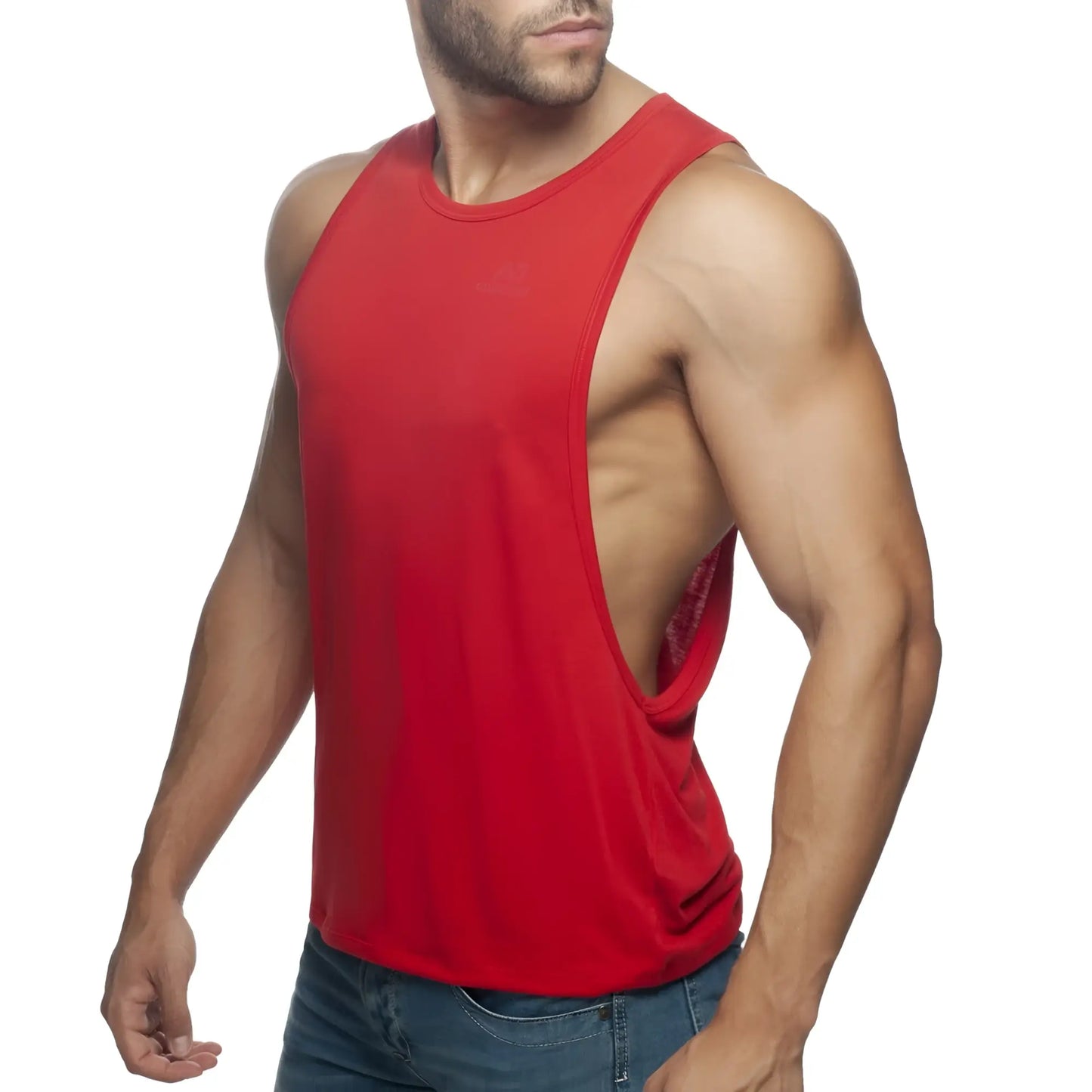 Red muscle tank top ad low rider with cutout back design showing stretch fabric and sleeveless fit