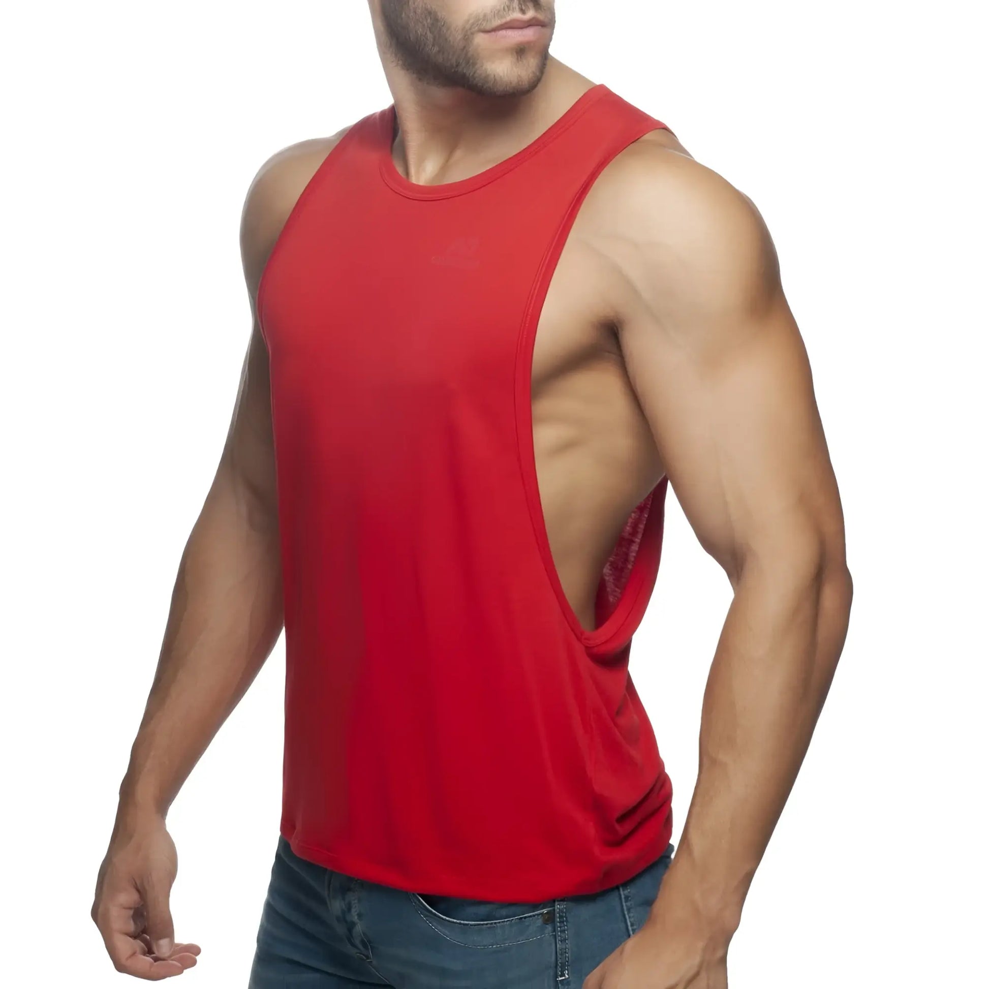 Red muscle tank top ad low rider with cutout back design showing stretch fabric and sleeveless fit