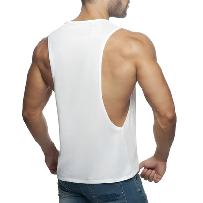 White sleeveless muscle tank top ad low rider with deep back cutout for breathable activewear use