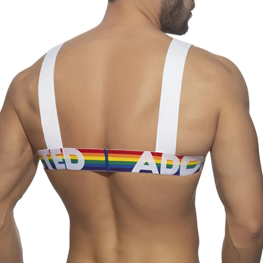 Rainbow-striped bandeau top with white straps and bold ted ad lettering from the ad rainbow harness collection